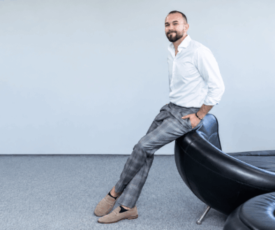 Minimalist Studio Portrait with Black Leather Seating